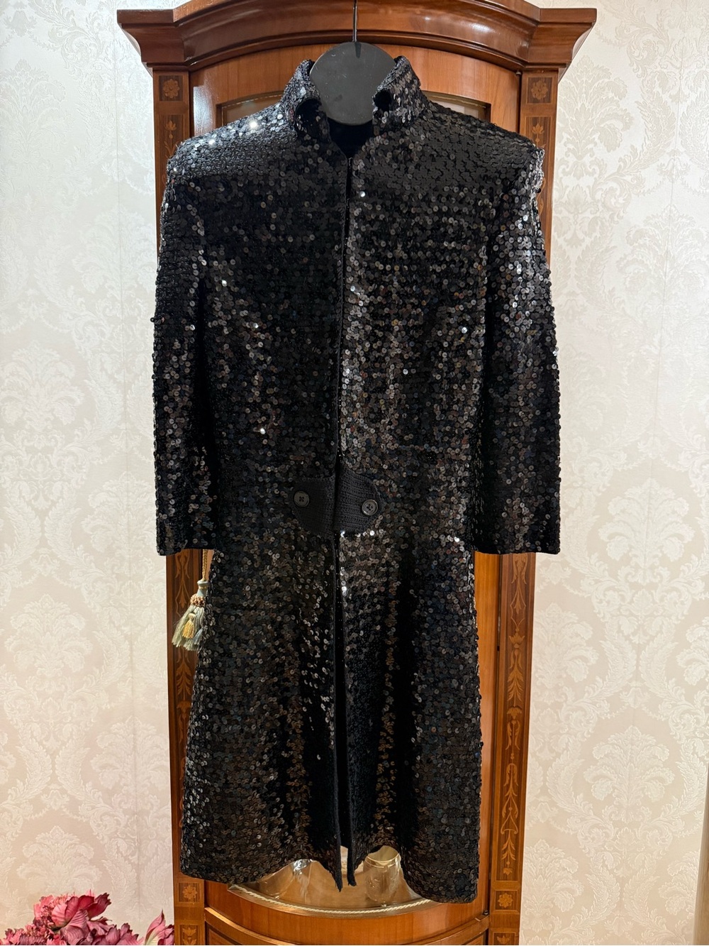 ISLI Black Sequin 3/4 evening Coat, Jacket Glam Cocktail Formal, size 8 VWT